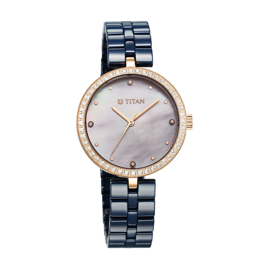 Titan Purple Ceramics Quartz Analog Mother of Pearl Dial Blue Ceramic Strap Watch For Women