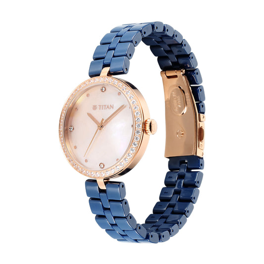 Titan Purple Ceramics Quartz Analog Mother of Pearl Dial Blue Ceramic Strap Watch For Women