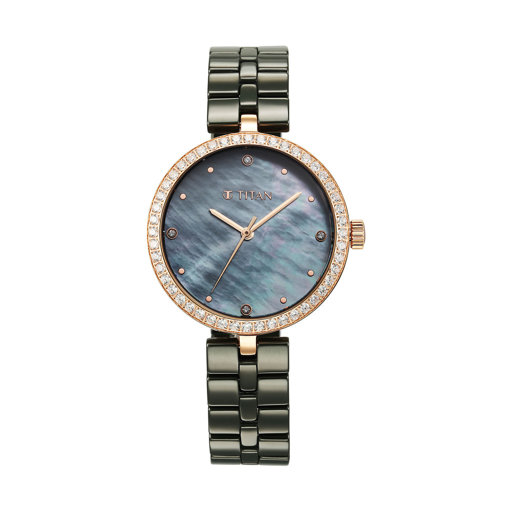 Titan Purple Ceramics Quartz Analog Mother of Pearl Dial Green Ceramic Strap Watch For Women