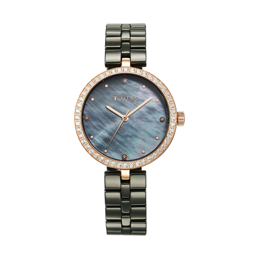 Titan Purple Ceramics Quartz Analog Mother of Pearl Dial Green Ceramic Strap Watch For Women