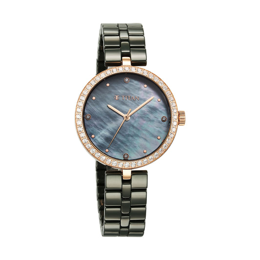 Titan Purple Ceramics Quartz Analog Mother of Pearl Dial Green Ceramic Strap Watch For Women