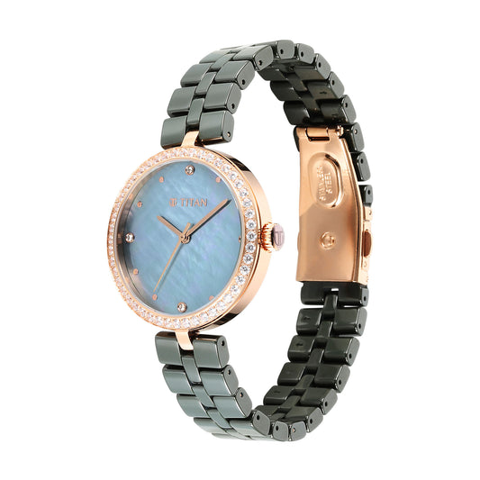 Titan Purple Ceramics Quartz Analog Mother of Pearl Dial Green Ceramic Strap Watch For Women