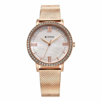 Titan Purple Style Up Quartz Analog White Dial Stainless Steel Strap Watch for Women
