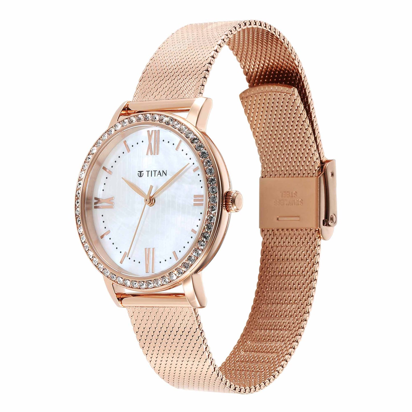 Titan Purple Style Up Quartz Analog White Dial Stainless Steel Strap Watch for Women