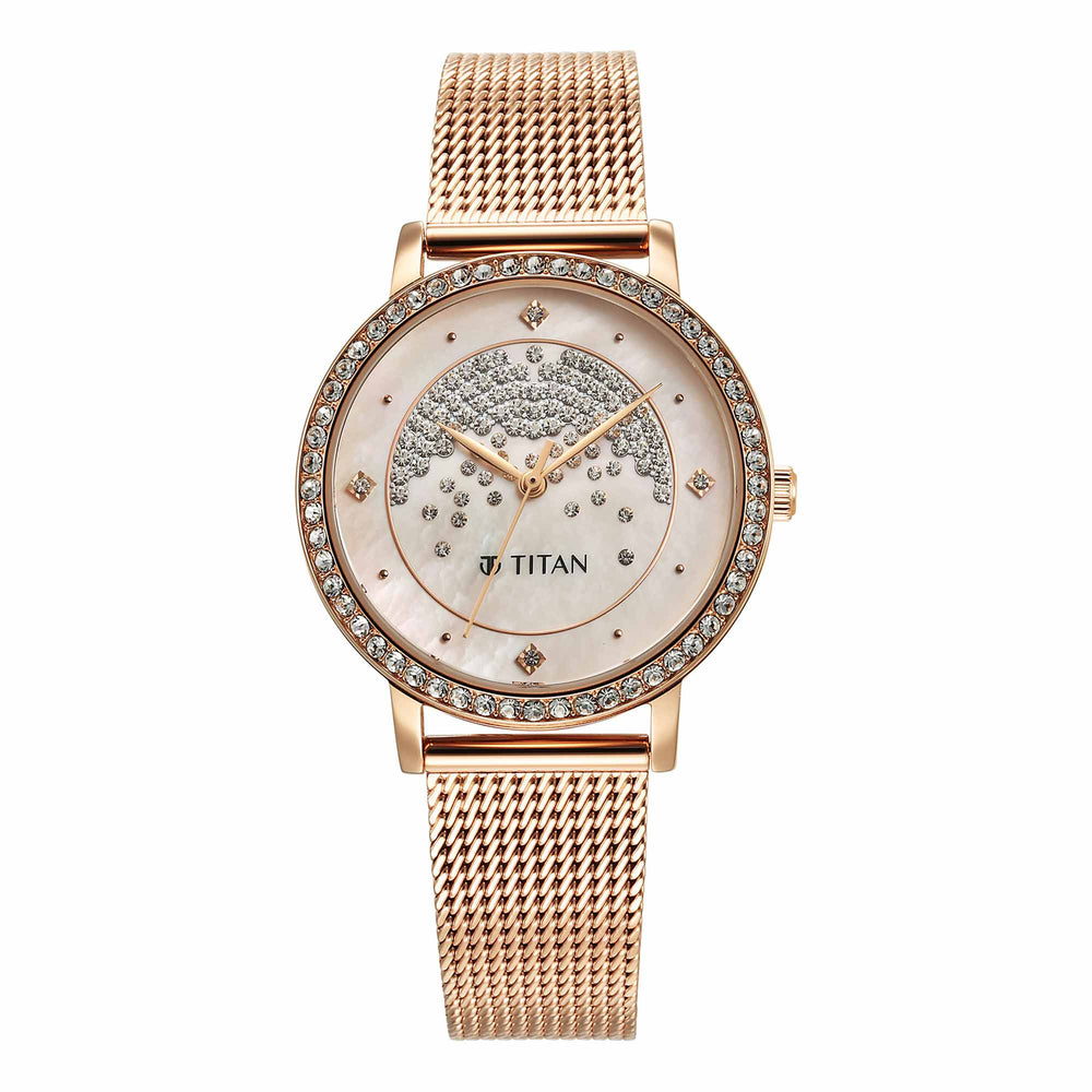 Titan Purple Style Up Quartz Analog Pink Dial Stainless Steel Strap Watch for Women