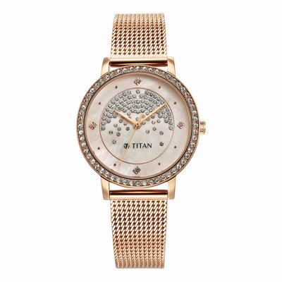 Titan Purple Style Up Quartz Analog Pink Dial Stainless Steel Strap Watch for Women
