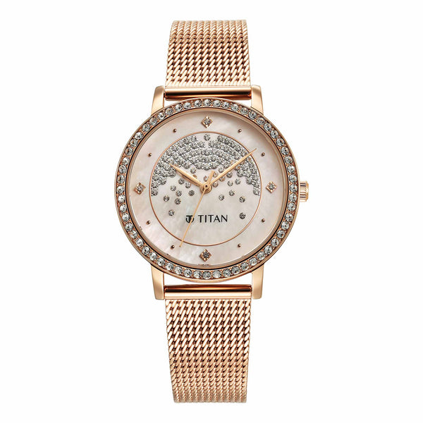 Titan Purple Style Up Quartz Analog Pink Dial Stainless Steel Strap Watch for Women