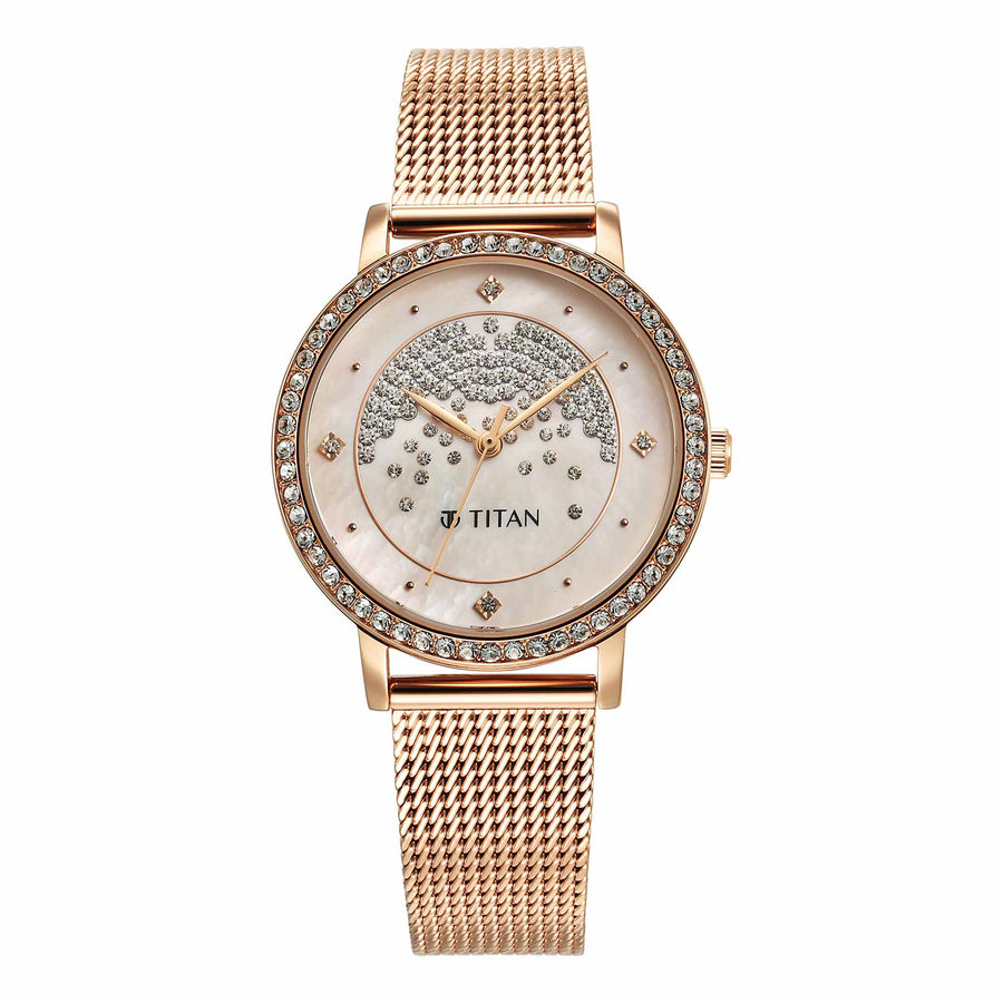 Titan Purple Style Up Quartz Analog Pink Dial Stainless Steel Strap Watch for Women