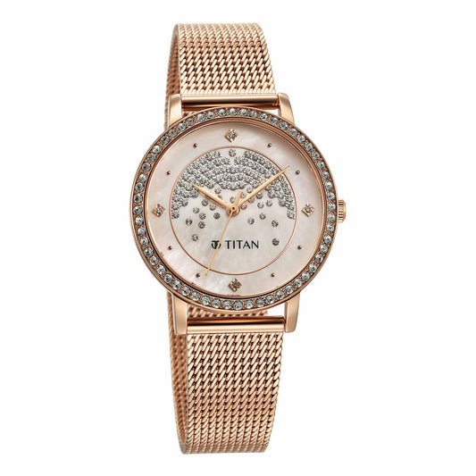 Titan Purple Style Up Quartz Analog Pink Dial Stainless Steel Strap Watch for Women