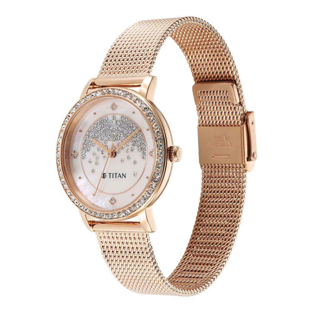 Titan Purple Style Up Quartz Analog Pink Dial Stainless Steel Strap Watch for Women