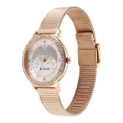 Titan Purple Style Up Quartz Analog Pink Dial Stainless Steel Strap Watch for Women