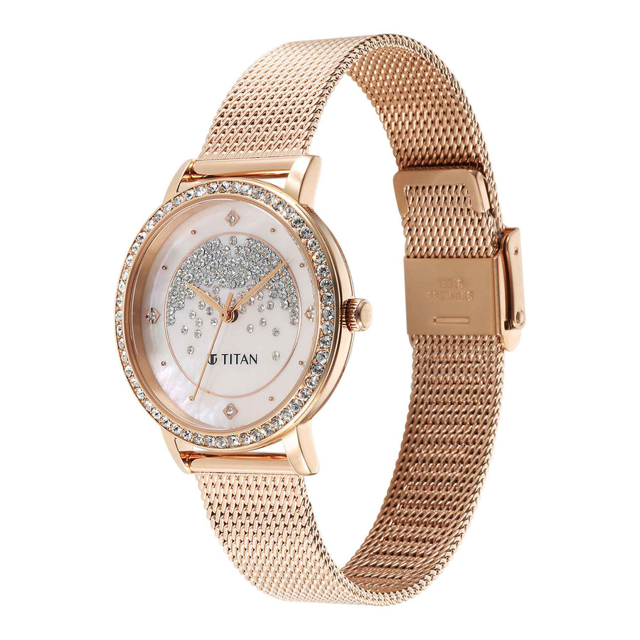 Titan Purple Style Up Quartz Analog Pink Dial Stainless Steel Strap Watch for Women