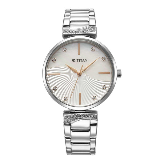Titan Purple Style Up Quartz Analog Mother Of Pearl Dial Stainless Steel Strap Watch for Women