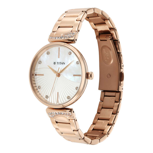 Titan Mother of Pearl Dial Rose Gold Stainless Steel Strap Analog Watch for Women