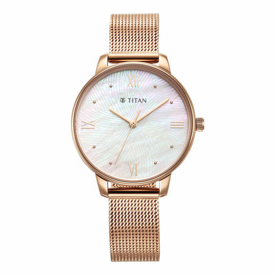 Titan Purple Style Up Quartz Analog Mother Of Pearl Dial Stainless Steel Strap Watch for Women