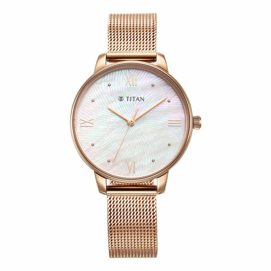 Titan Purple Style Up Quartz Analog Mother Of Pearl Dial Stainless Steel Strap Watch for Women