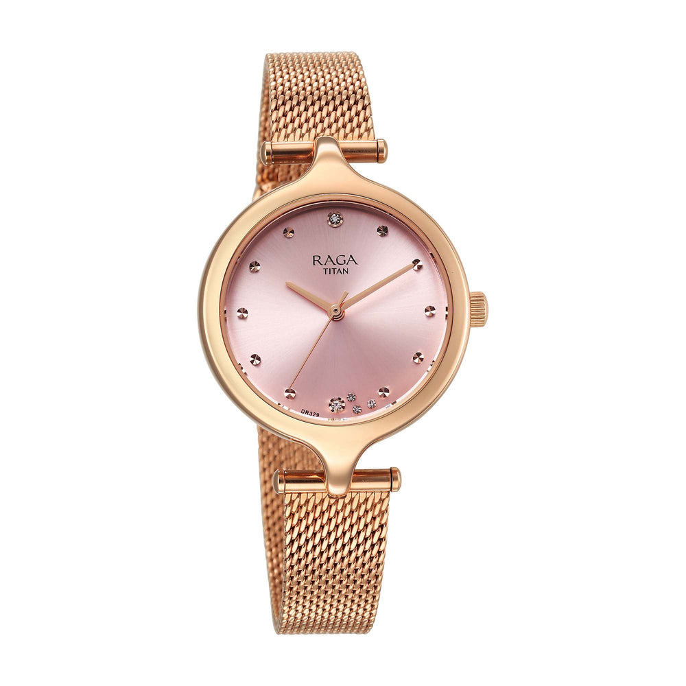 Titan Raga Showstopper Quartz Analog Rose Gold Dial Metal Strap Watch For Women