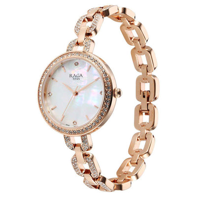 Titan Raga Showstopper Quartz Analog Mother Of Pearl Dial Rose Gold Metal Strap Watch For Women