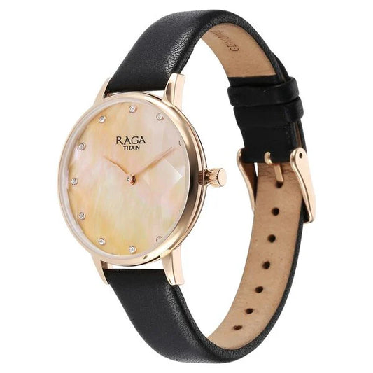 Titan Raga Showstopper Quartz Analog Mother Of Pearl Round Dial Black Leather Strap Watch For Women