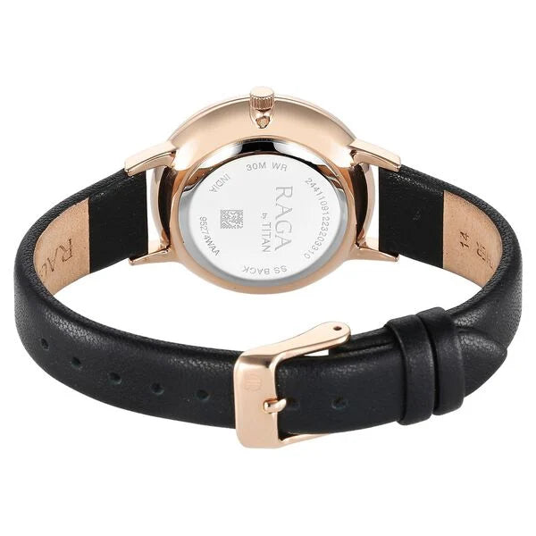 Titan Raga Showstopper Quartz Analog Mother Of Pearl Round Dial Black Leather Strap Watch For Women
