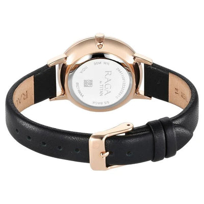 Titan Raga Showstopper Quartz Analog Mother Of Pearl Round Dial Black Leather Strap Watch For Women