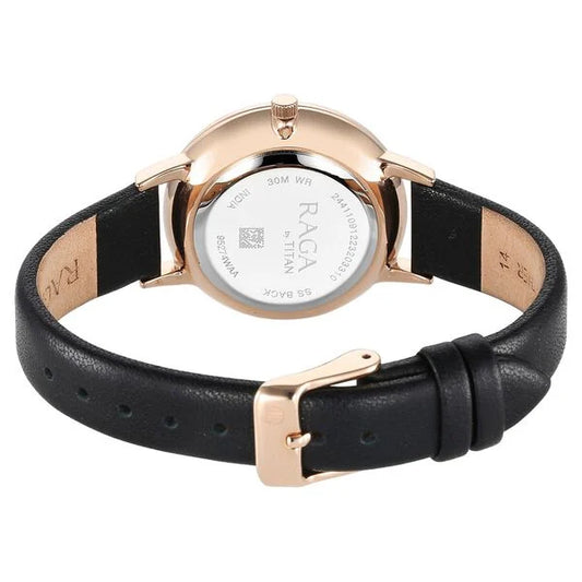 Titan Raga Showstopper Quartz Analog Mother Of Pearl Round Dial Black Leather Strap Watch For Women