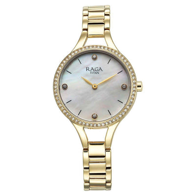 Titan Raga Showstopper Mother Of Pearl Dial Gold Metal Strap Analog Watch for Women