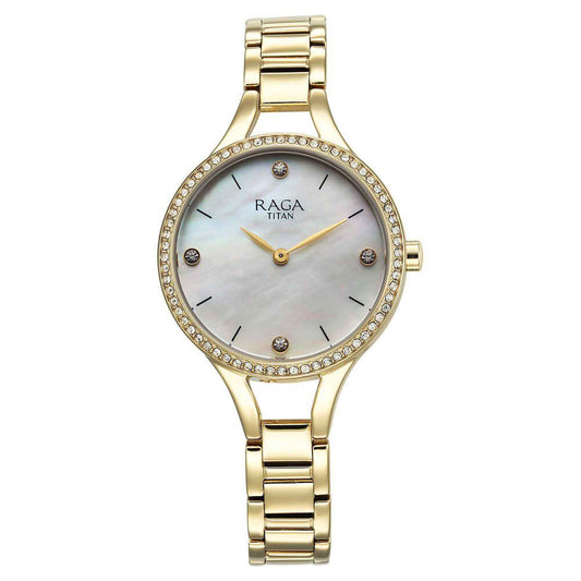 Titan Raga Showstopper Mother Of Pearl Dial Gold Metal Strap Analog Watch for Women