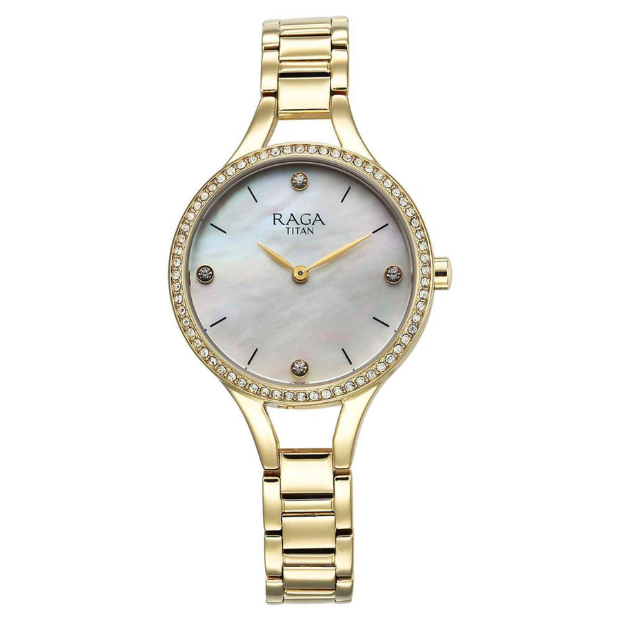 Titan Raga Showstopper Mother Of Pearl Dial Gold Metal Strap Analog Watch for Women