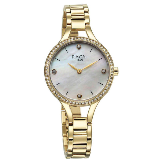 Titan Raga Showstopper Mother Of Pearl Dial Gold Metal Strap Analog Watch for Women