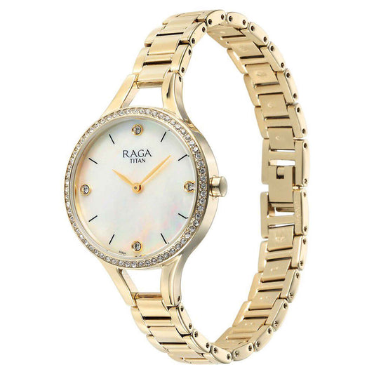 Titan Raga Showstopper Mother Of Pearl Dial Gold Metal Strap Analog Watch for Women