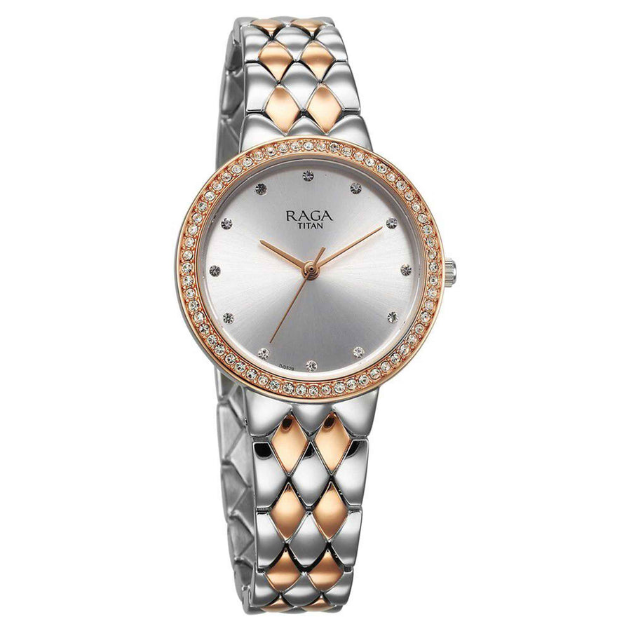 Titan Raga Showstopper Silver Dial Two Toned Metal Strap Analog Watch for Women