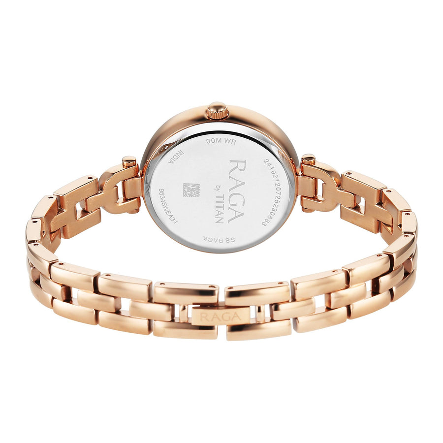 Titan Raga Showstopper Silver Dial Rose Gold Metal Strap Analog Watch for Women