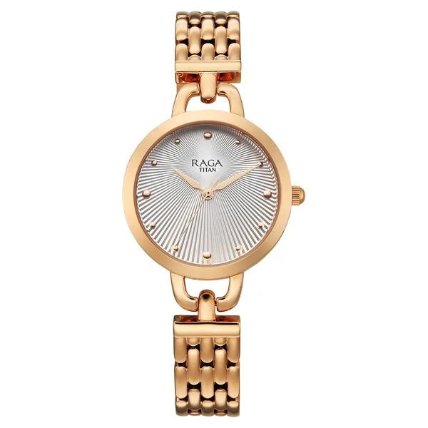 Titan Raga Showstopper Quartz Analog Silver Dial Rose Gold Metal Strap Watch For Women