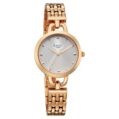 Titan Raga Showstopper Quartz Analog Silver Dial Rose Gold Metal Strap Watch For Women