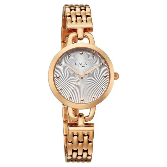 Titan Raga Showstopper Quartz Analog Silver Dial Rose Gold Metal Strap Watch For Women