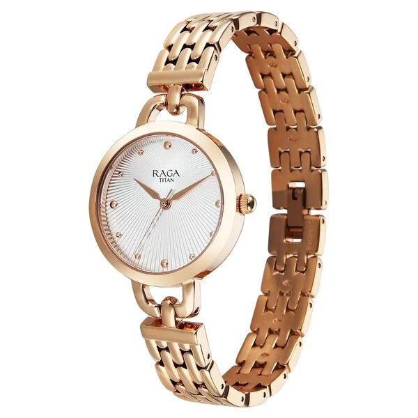 Titan Raga Showstopper Quartz Analog Silver Dial Rose Gold Metal Strap Watch For Women